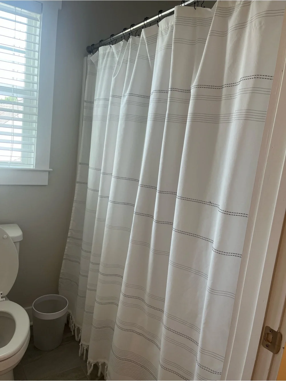 Hearth & Hand White Cotton Shower Curtain with Subtle Gray Stitching